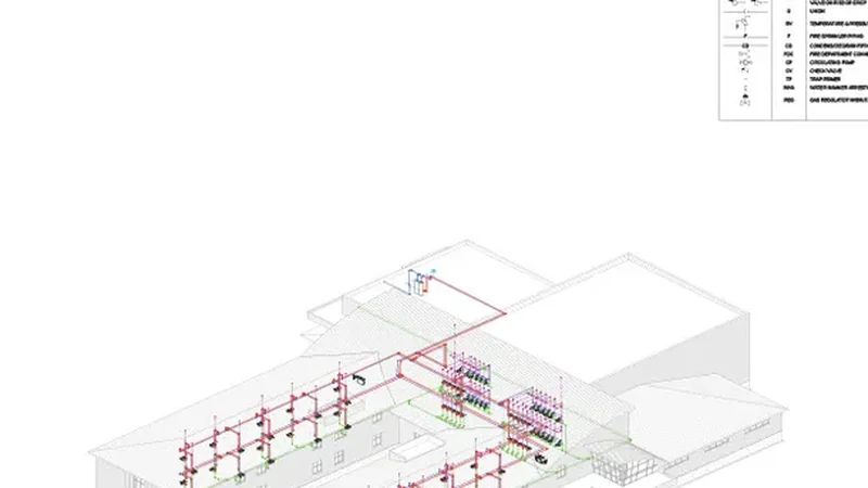 A 3D building systems model built in Revit in the program
